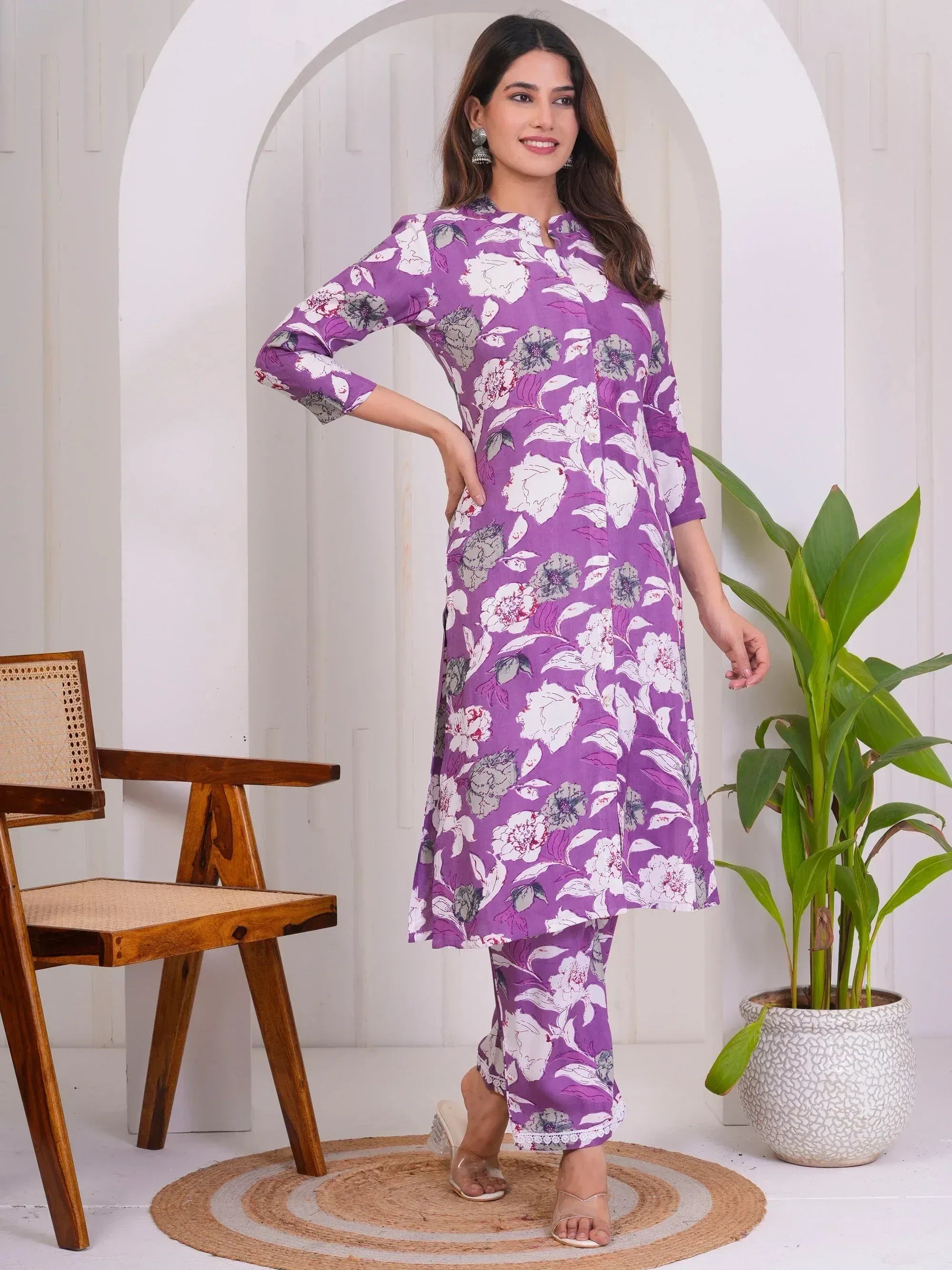 Purple floral printed kurta with matching palazzo pants, Indian ethnic wear for women