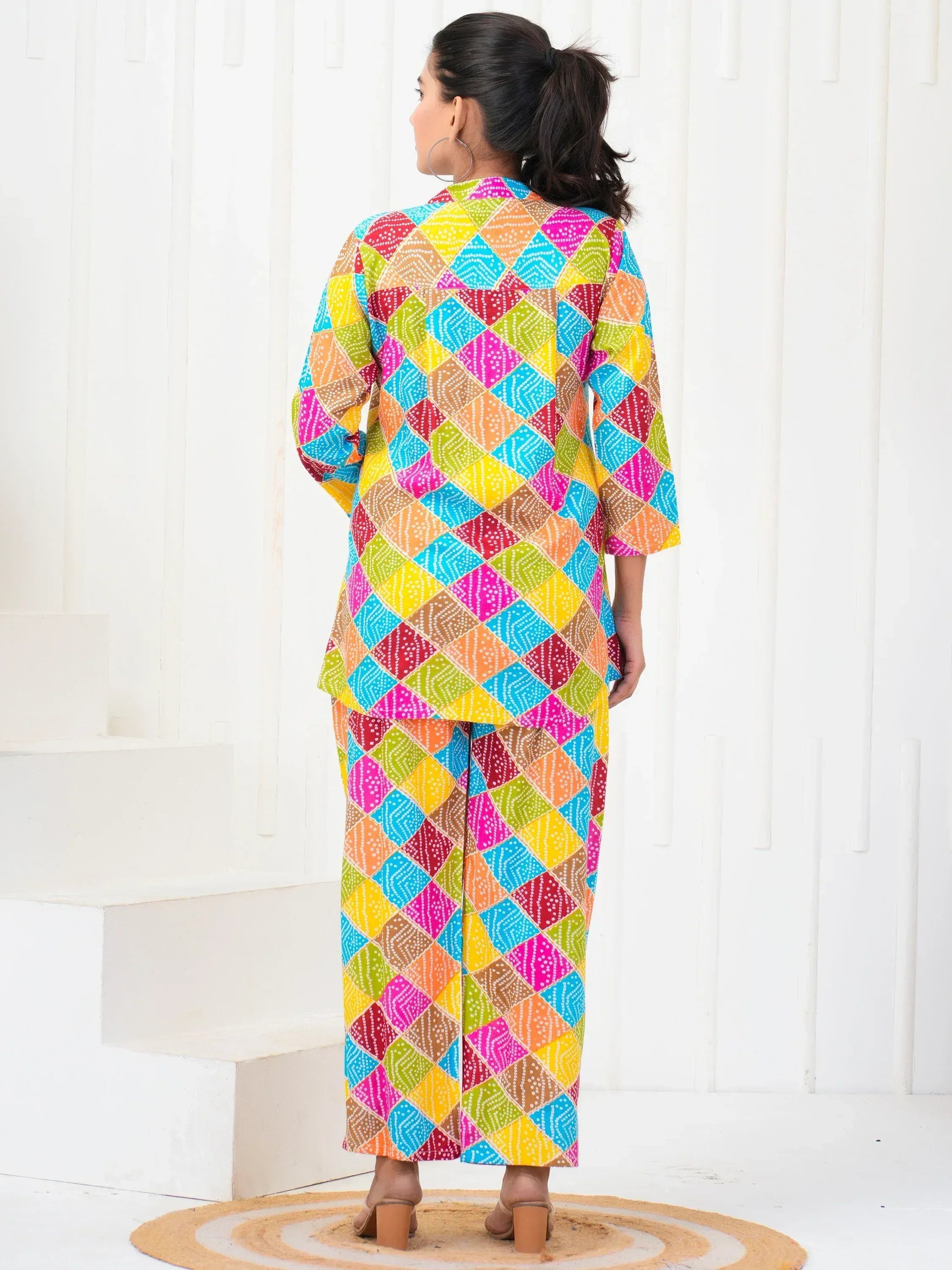 Vibrant multicolor diamond print ethnic suit with stylish palazzo pants for women