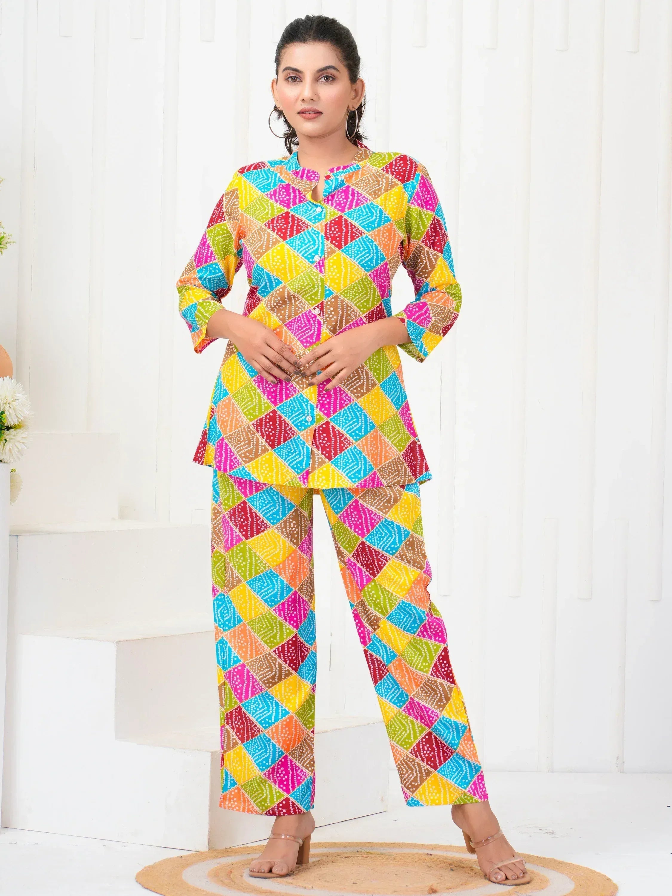 Colorful geometric print ethnic salwar kameez set with diamond pattern, perfect for casual wear