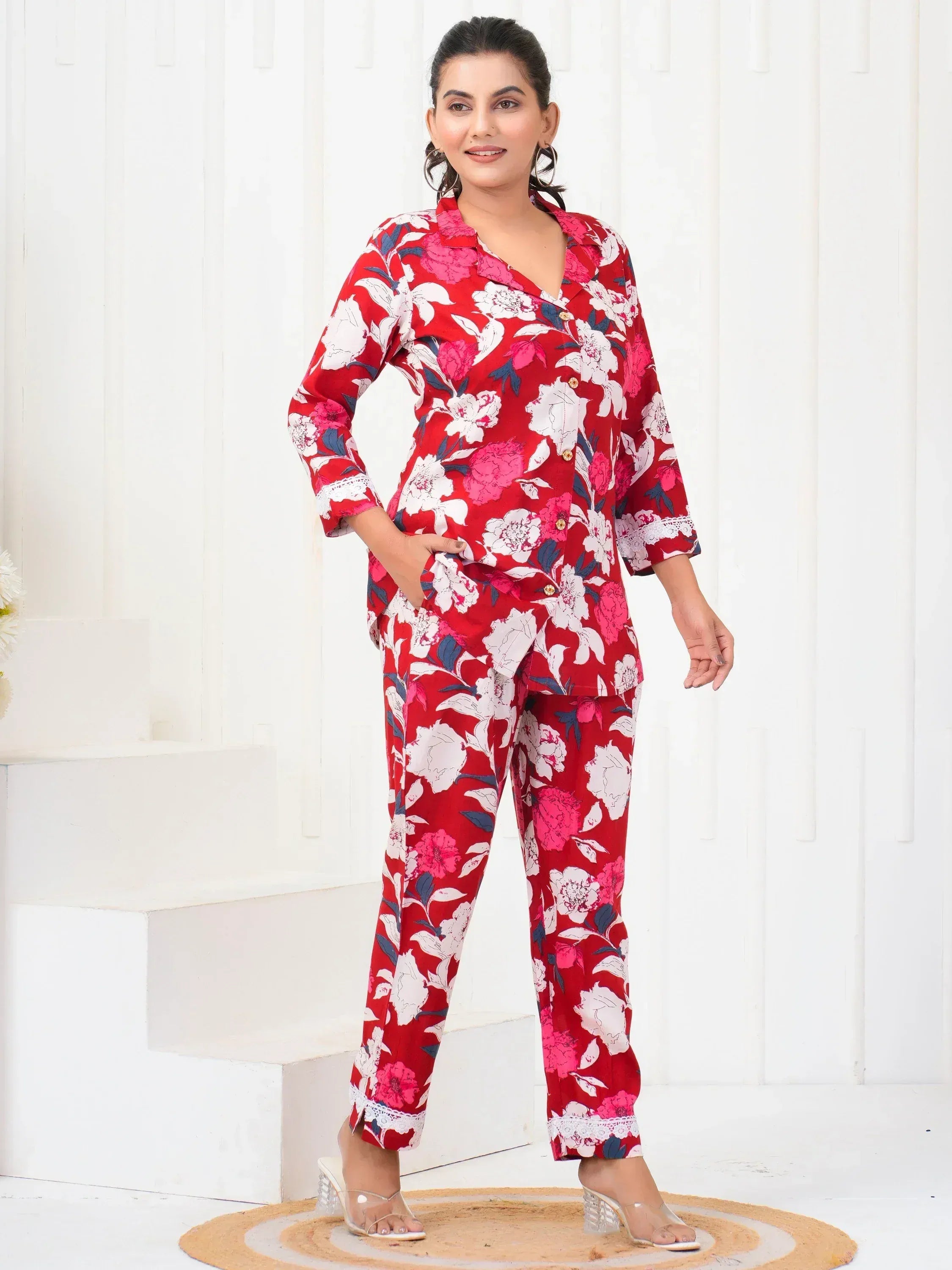 Red floral print women's night suit with lace trim, comfy sleepwear set