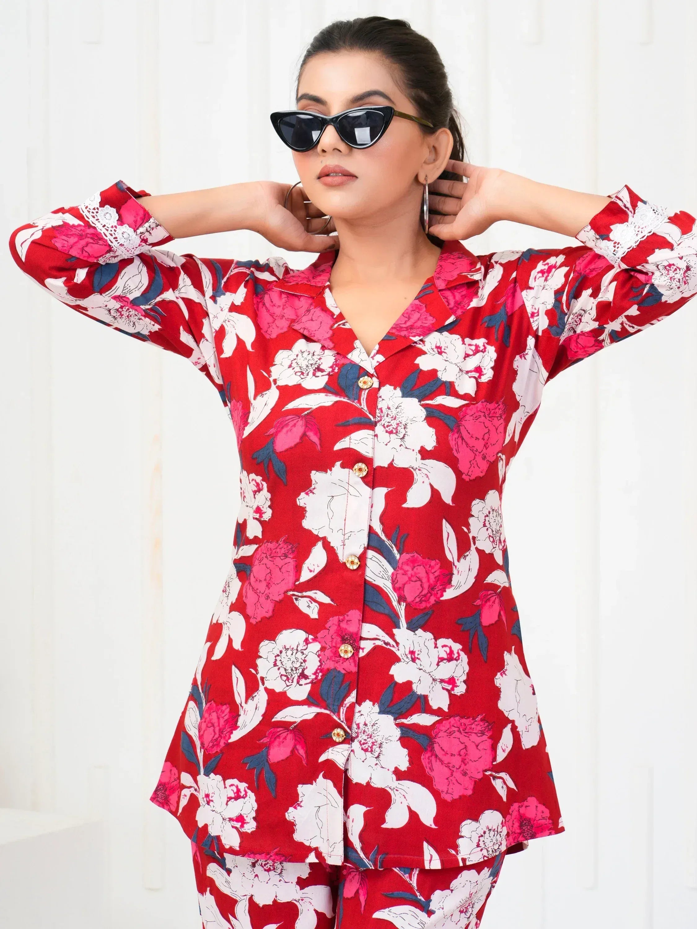 Red floral print ethnic night suit with lace cuffs and button front, stylish women's sleepwear