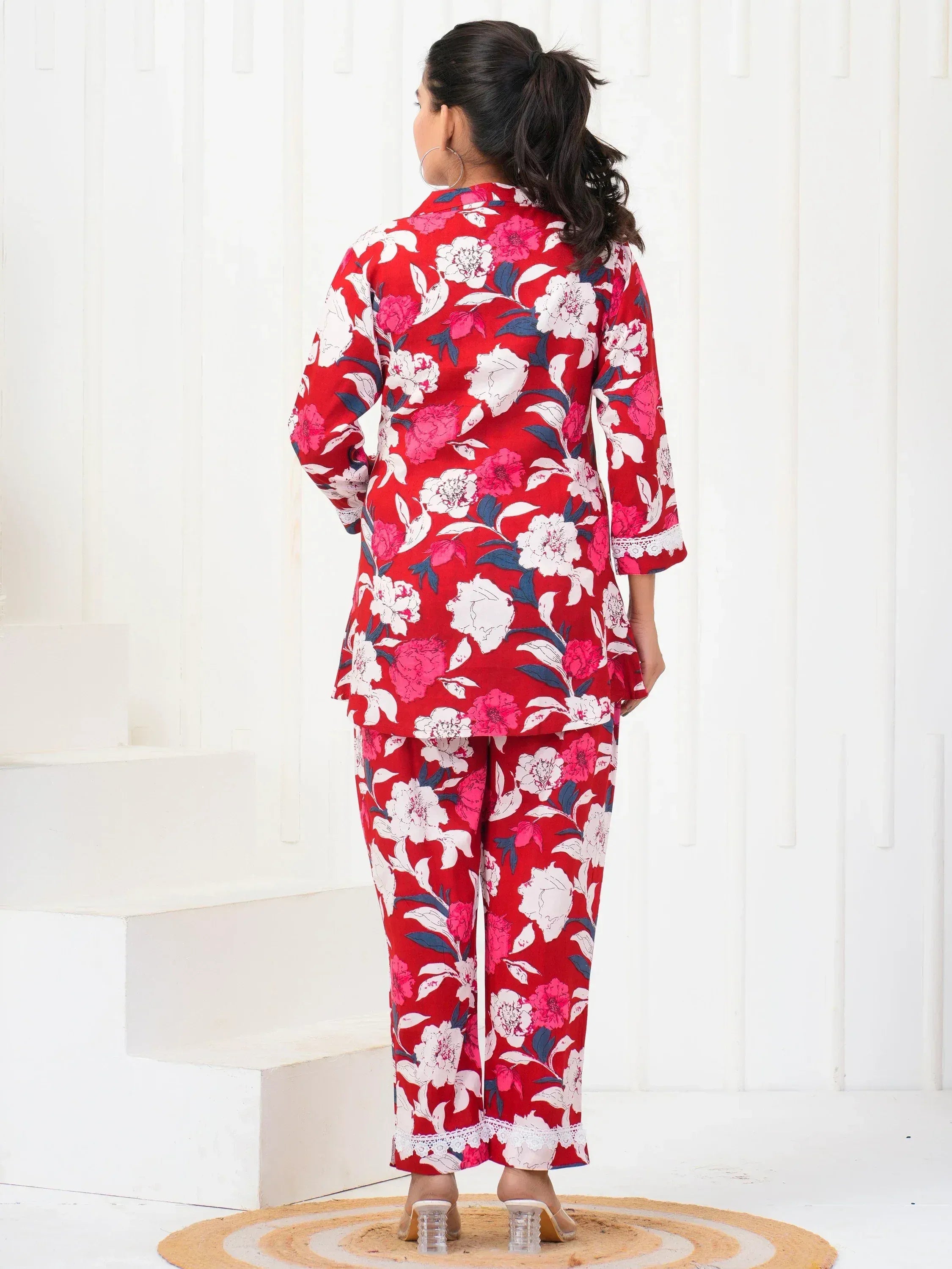 Red floral print salwar kameez with lace trim, stylish ethnic wear for women