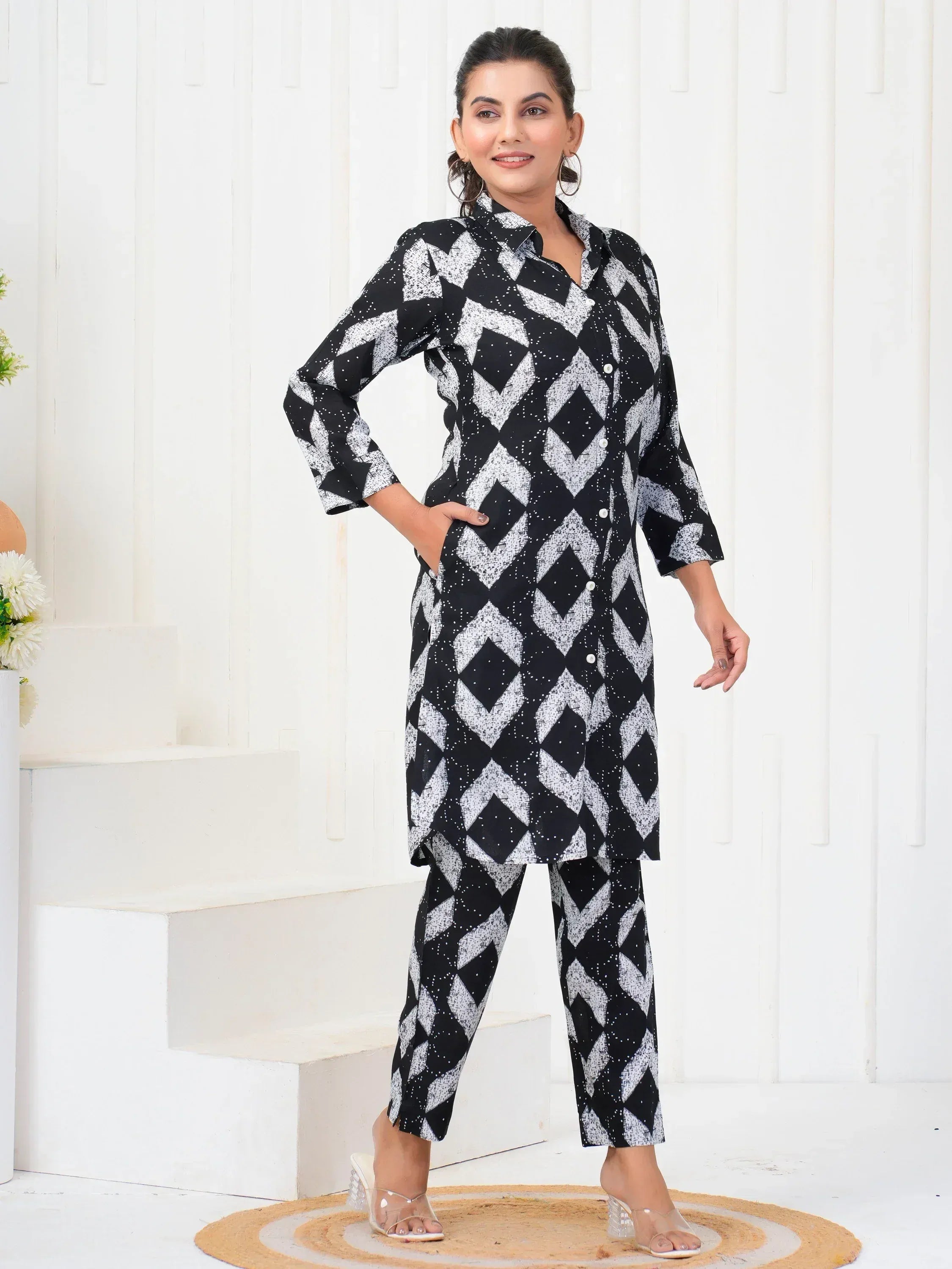 Black and white geometric print kurta with matching pants, stylish ethnic wear for women