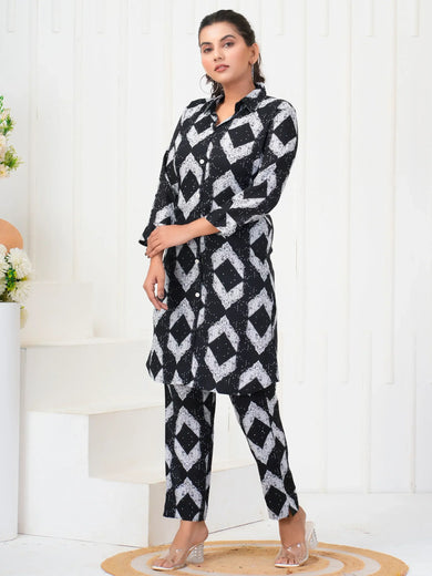 Outstanding Black Digital Printed Rayon Office Wear Co-Ord Set