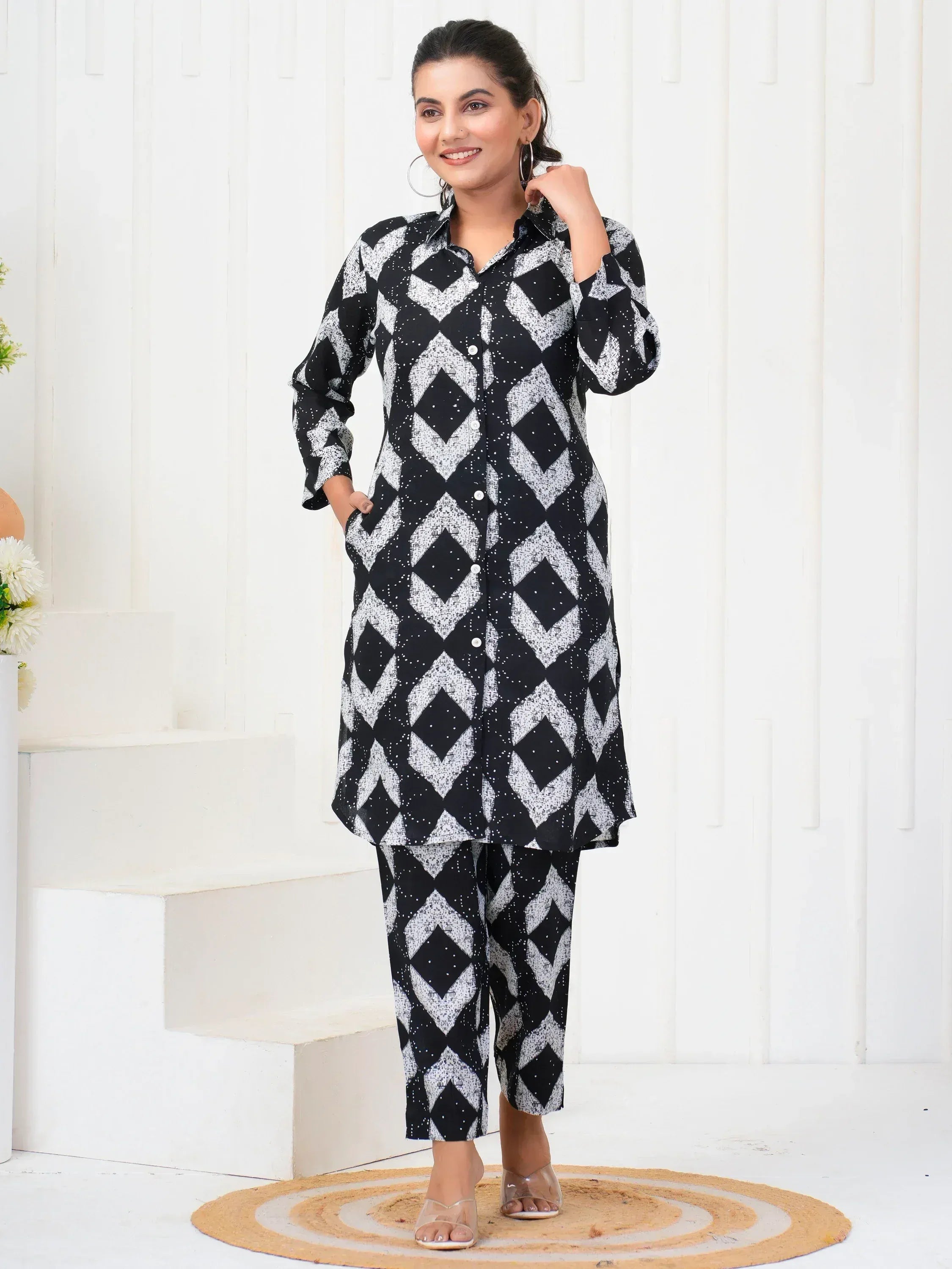 Black and white geometric print salwar kameez with button front and cropped pants