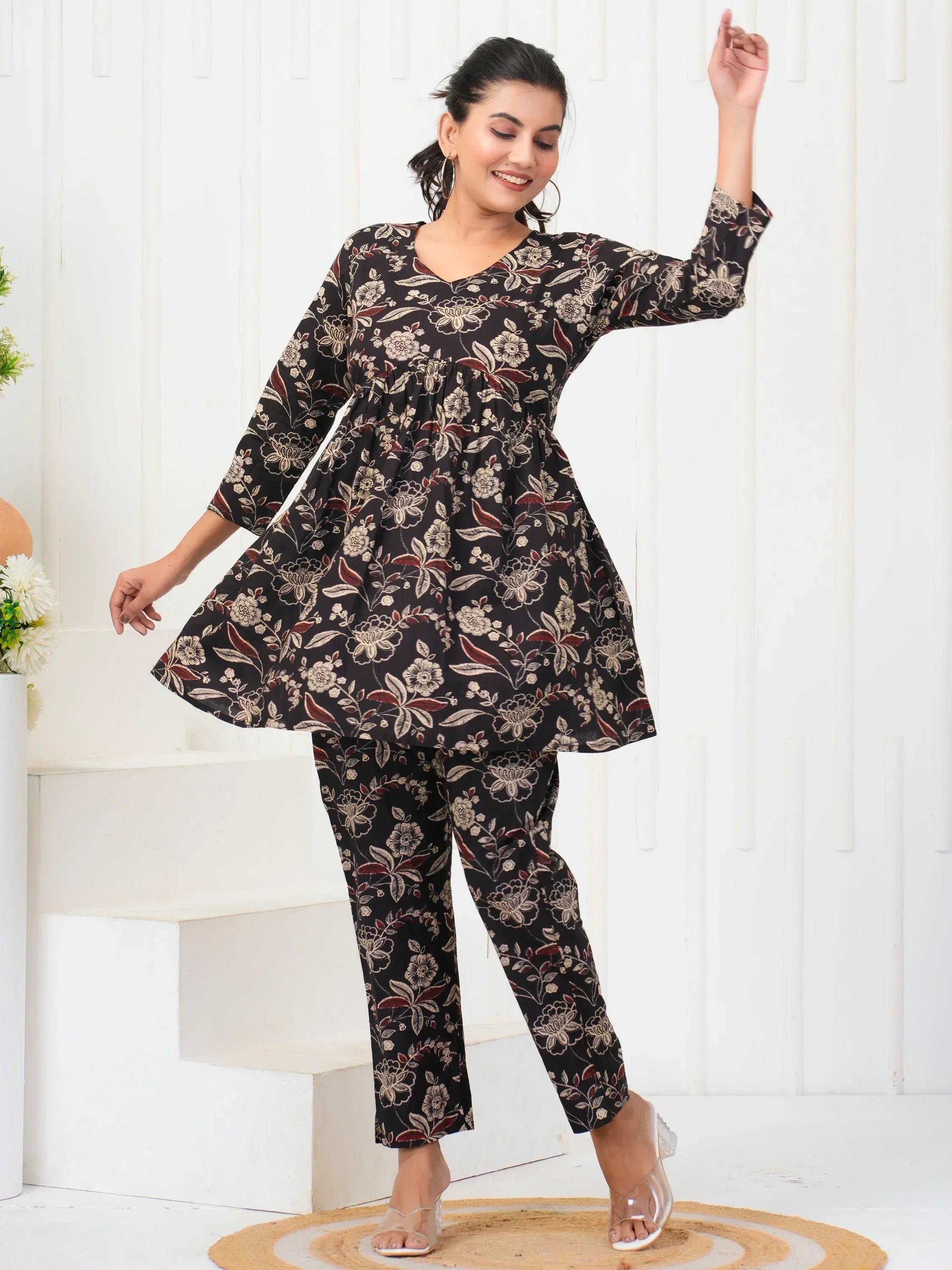 Floral printed ethnic kurta set with matching pants, stylish Indian wear for women