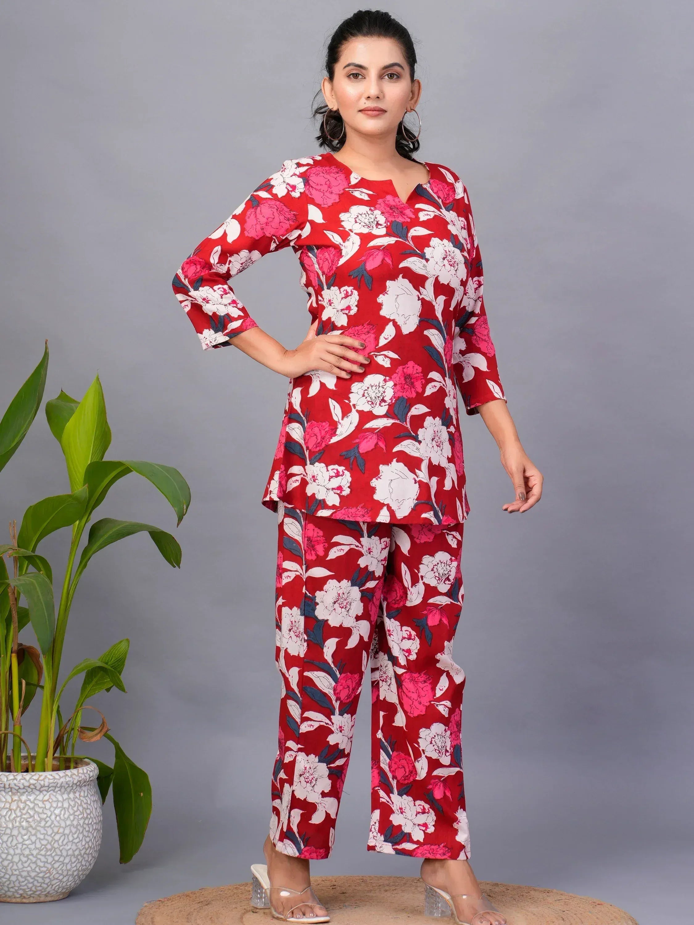 Red floral print ethnic salwar kameez with palazzo pants, stylish Indian wear for women
