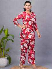 Captivating Red Floral Printed Rayon Office Wear Co-Ord Set