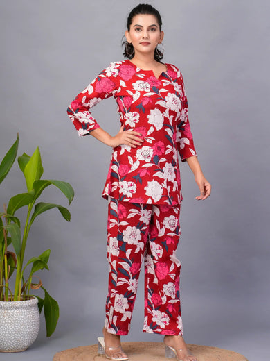 Captivating Red Floral Printed Rayon Office Wear Co-Ord Set