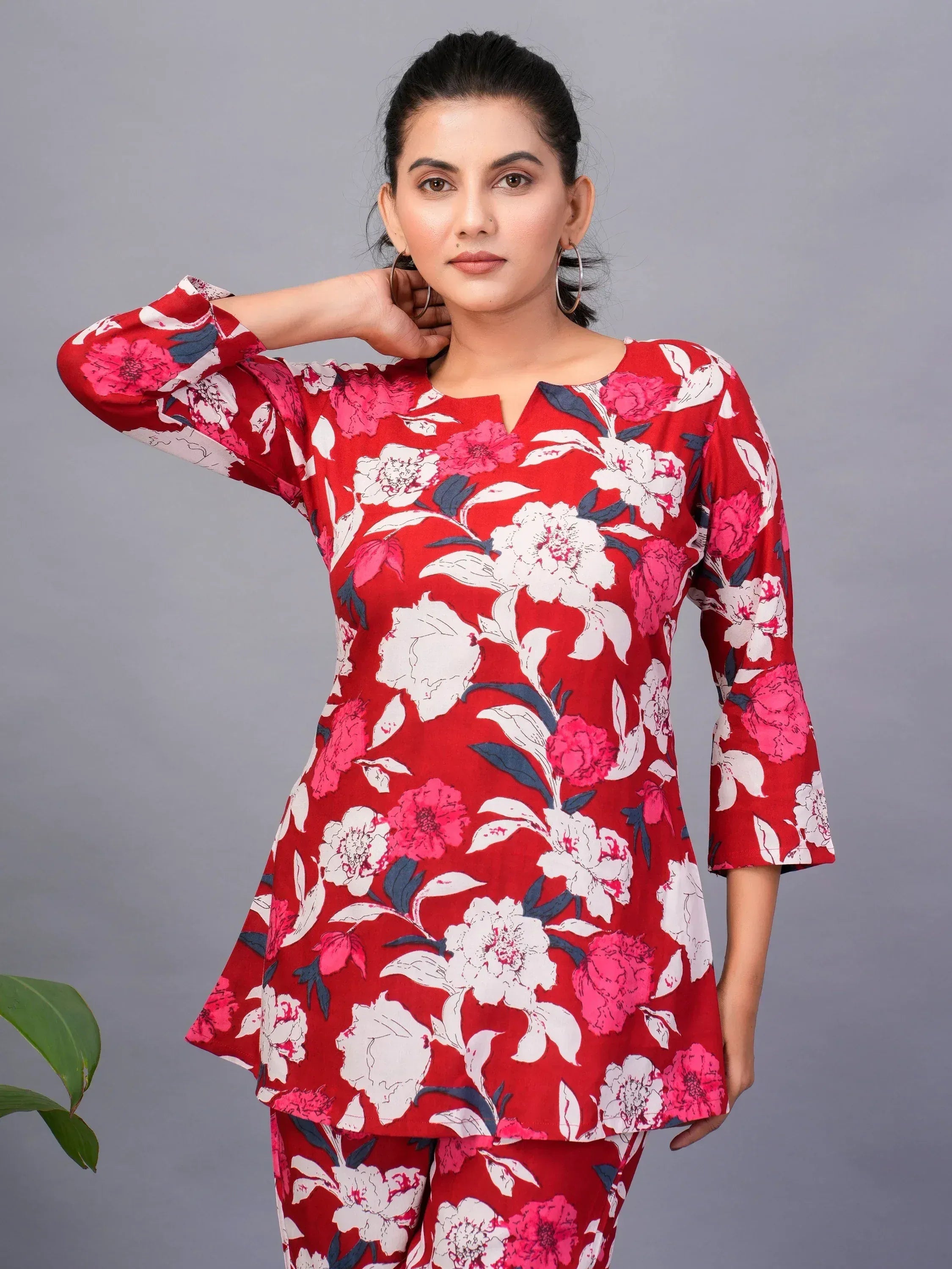 Red floral print kurta with bell sleeves, ethnic wear for women, perfect for casual or festive occasions