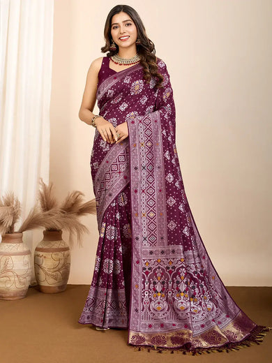 Mesmerizing Wine Zari Weaving Silk Festival Wear Saree With Blouse