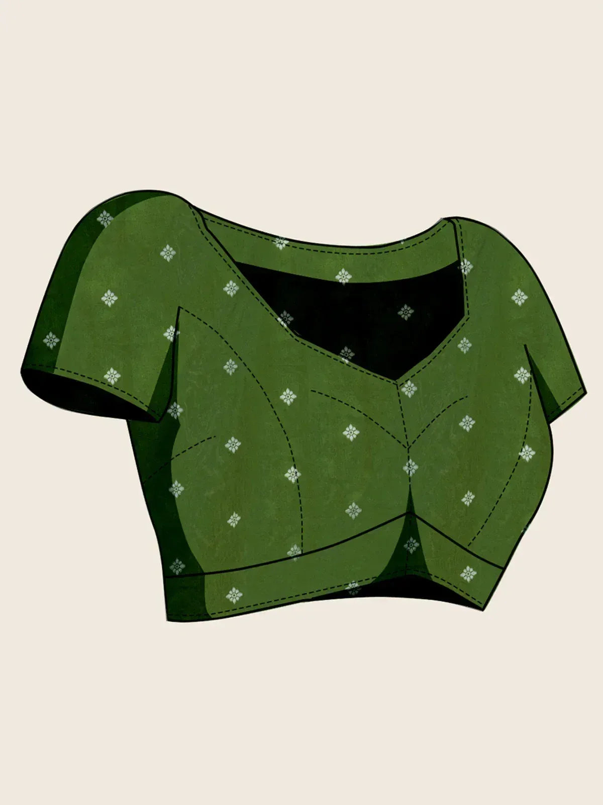 Green ethnic blouse with white floral print and short sleeves, ideal for lehenga or saree