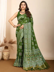 Precious Olive Green Zari Weaving Silk Mehendi Wear Saree With Blouse