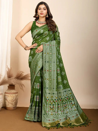 Precious Olive Green Zari Weaving Silk Mehendi Wear Saree With Blouse