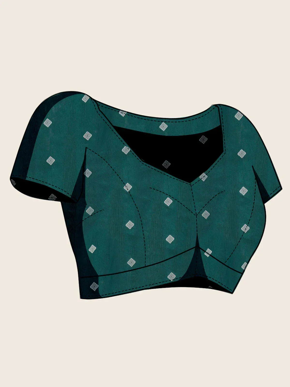 Emerald green ethnic crop top with geometric print, short sleeves, and V-neckline for saree or lehenga