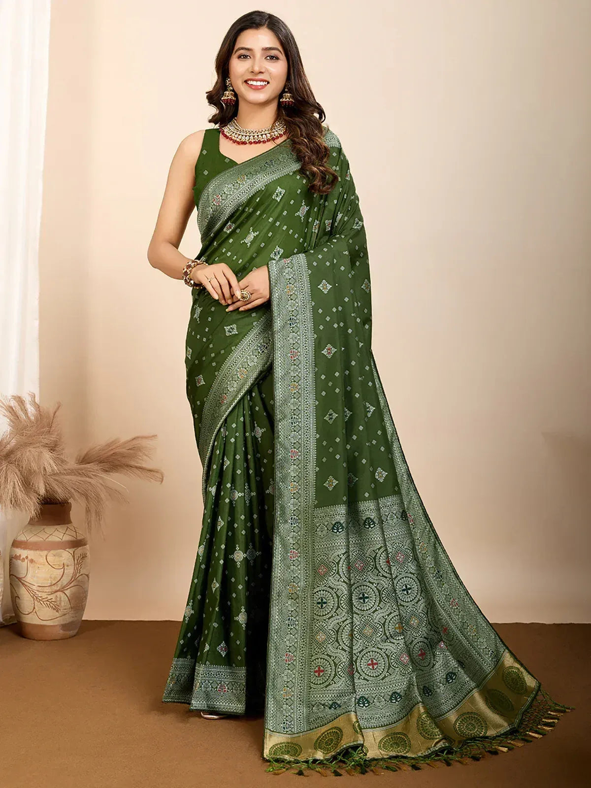 Green printed saree with intricate border, perfect for Indian ethnic wear and festive occasions.