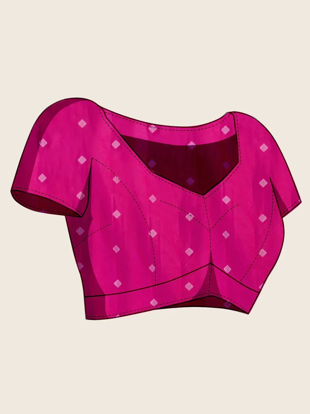 Pink ethnic blouse with geometric print and short sleeves, perfect for lehenga or saree