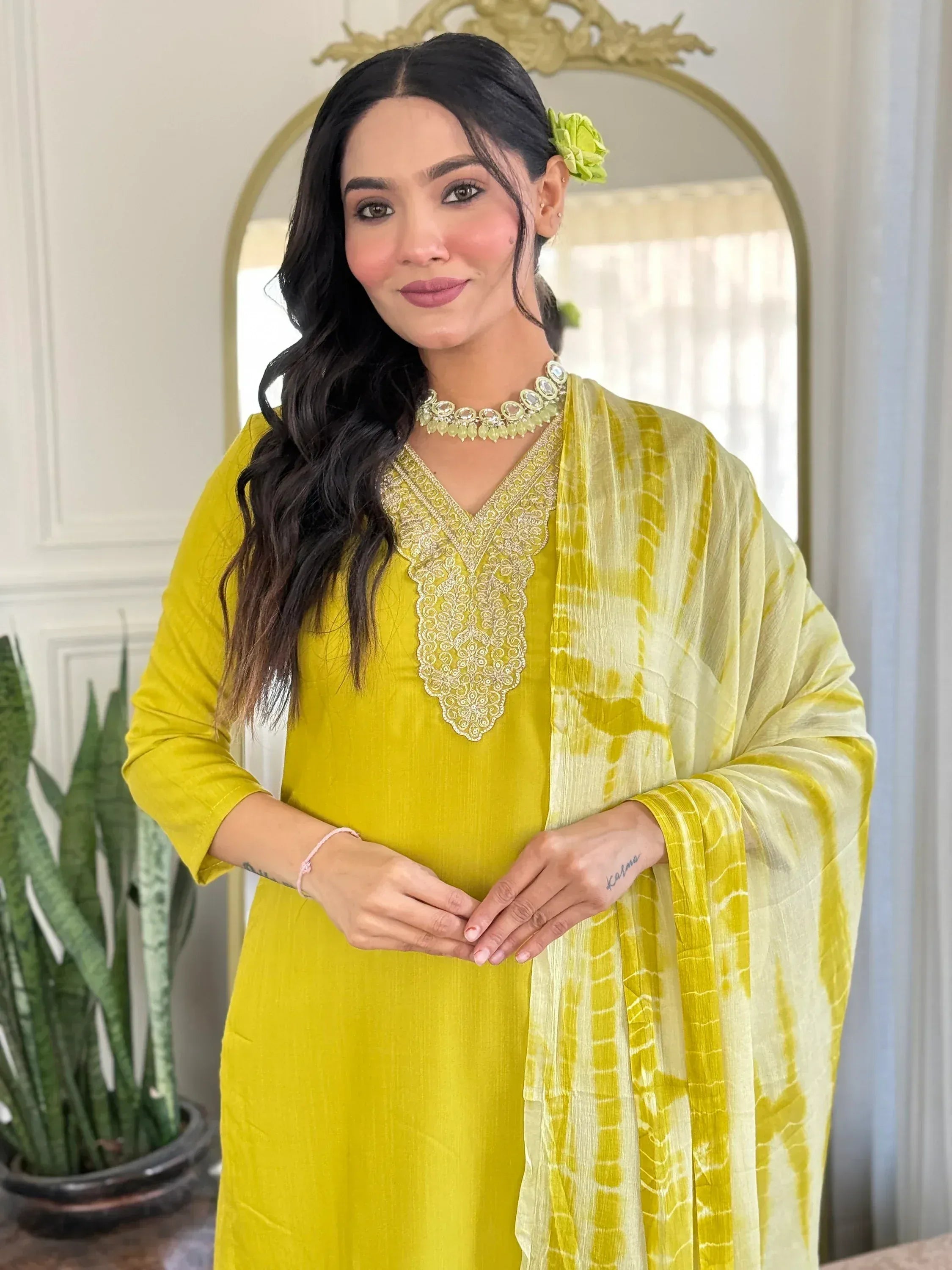 Yellow embroidered kurta with tie-dye dupatta, ethnic wear for women