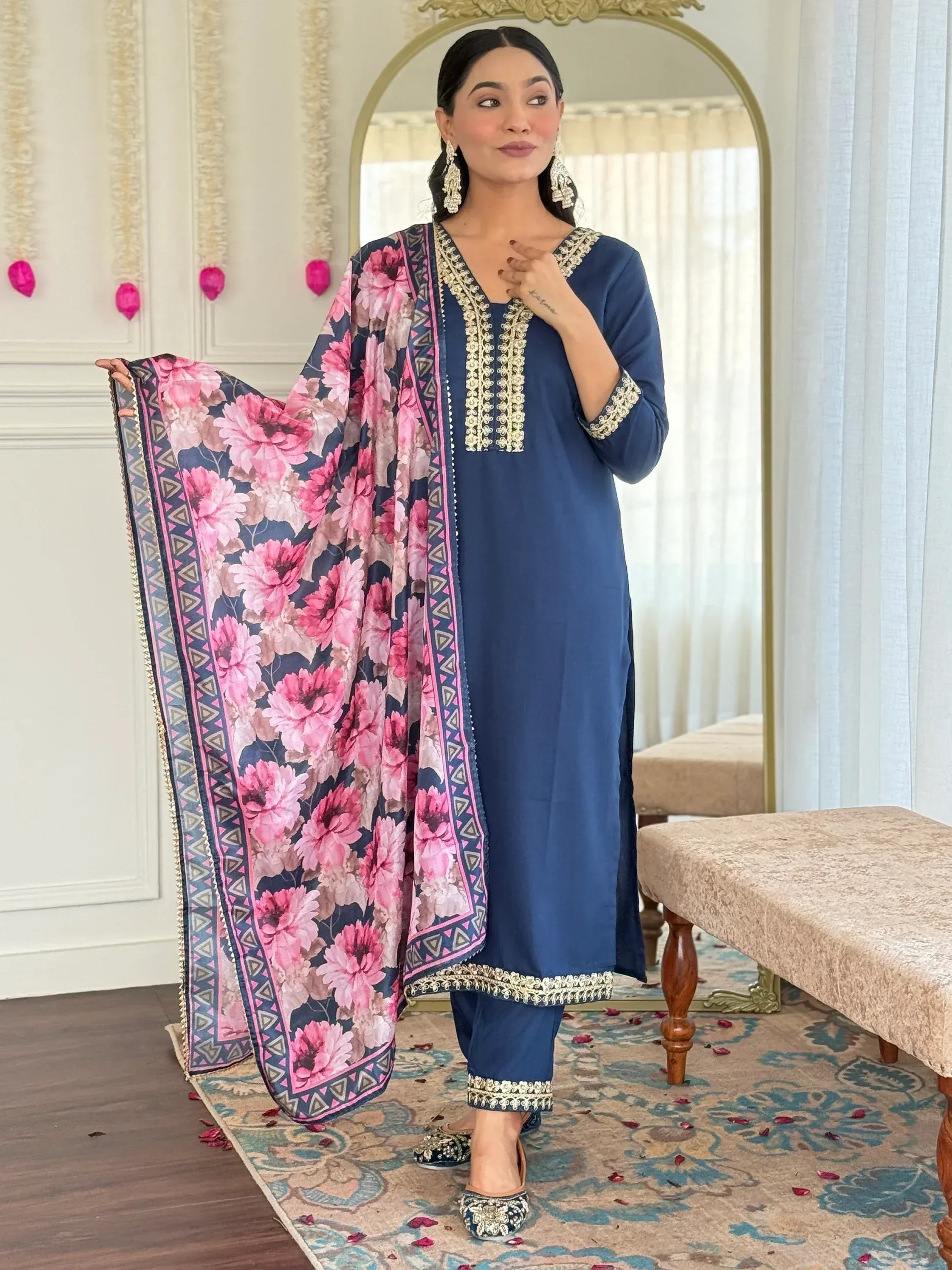 Blue embroidered salwar kameez with floral dupatta, perfect for Indian ethnic wear
