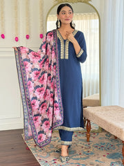 Alluring Navy Blue Embroidered Viscose Festival Wear Pant Suit