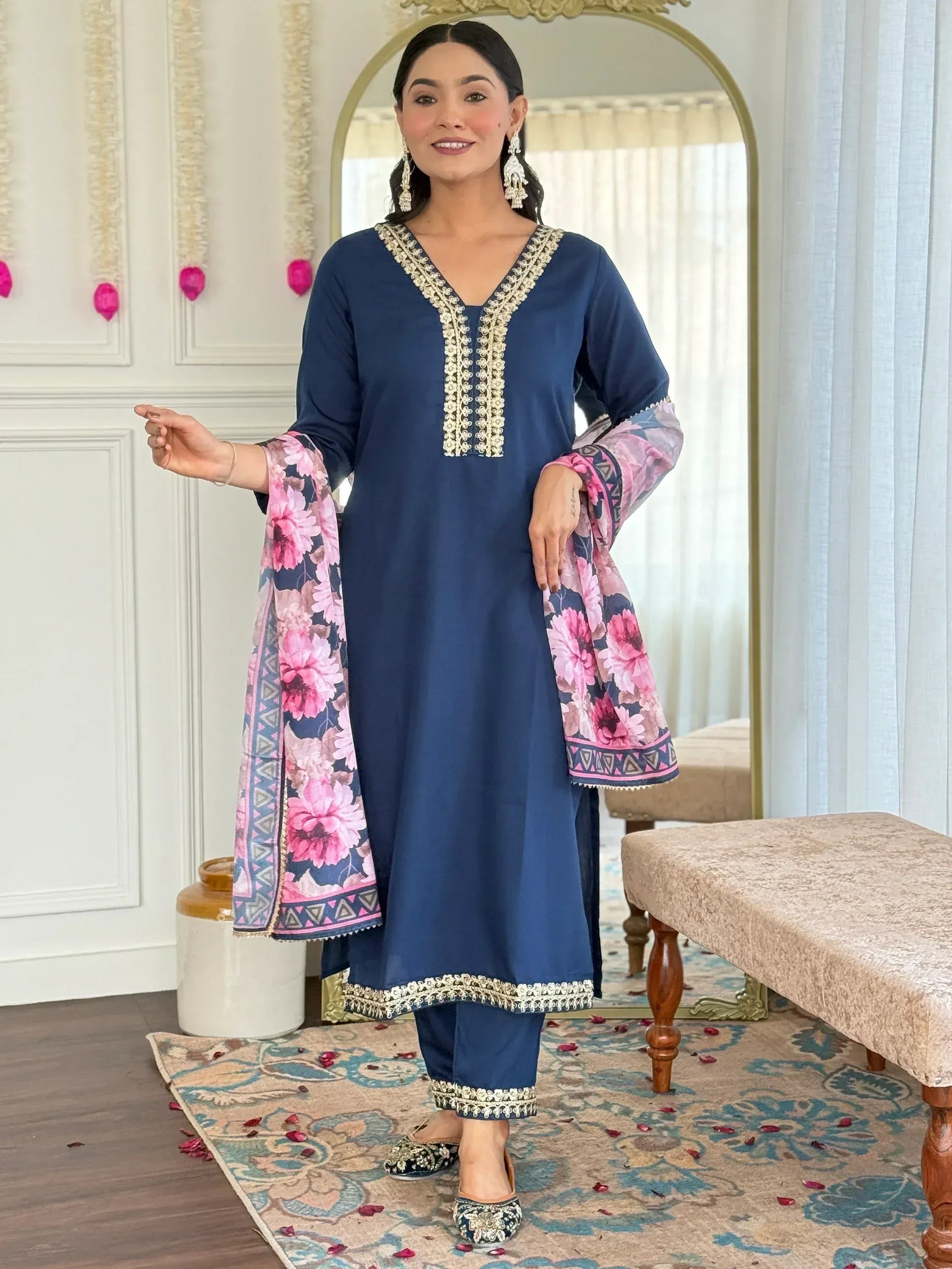 Navy blue embroidered salwar kameez with floral dupatta, perfect for Indian ethnic wear