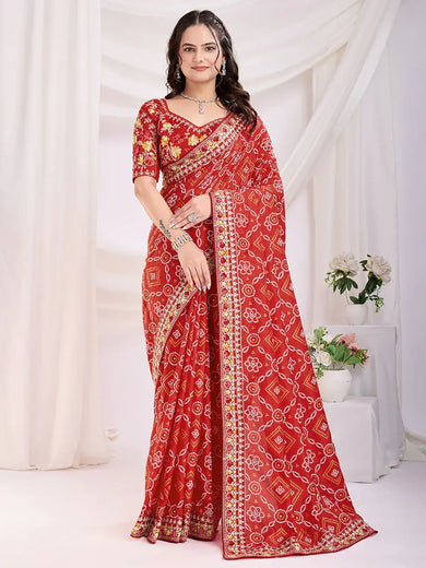 Outstanding Maroon Bandhani Printed Silk Bridal Saree With Blouse
