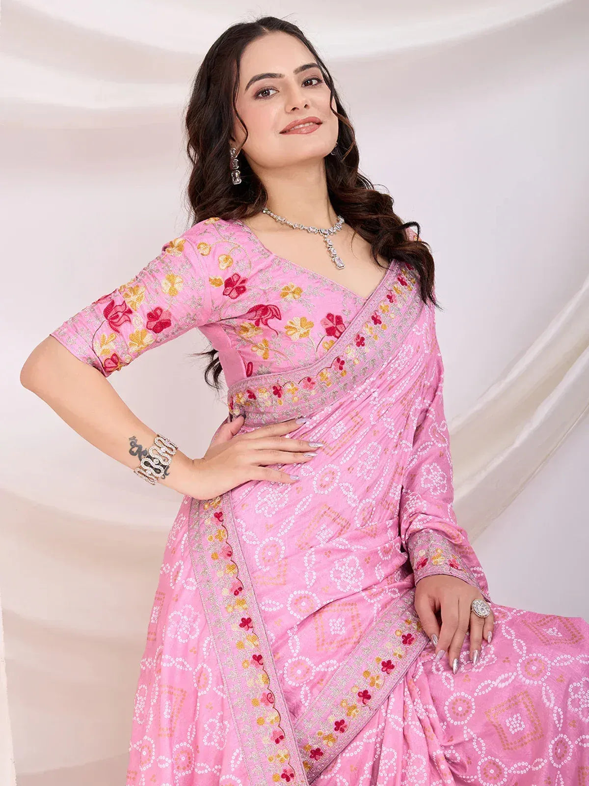 Pink floral embroidered saree with designer blouse, perfect for Indian ethnic wear occasions