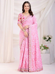 Amazing Pink Bandhani Printed Silk Bridal Wear Saree With Blouse