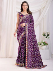Incredible Purple Bandhani Printed Silk Wedding Saree With Blouse