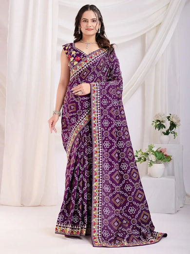 Incredible Purple Bandhani Printed Silk Wedding Saree With Blouse