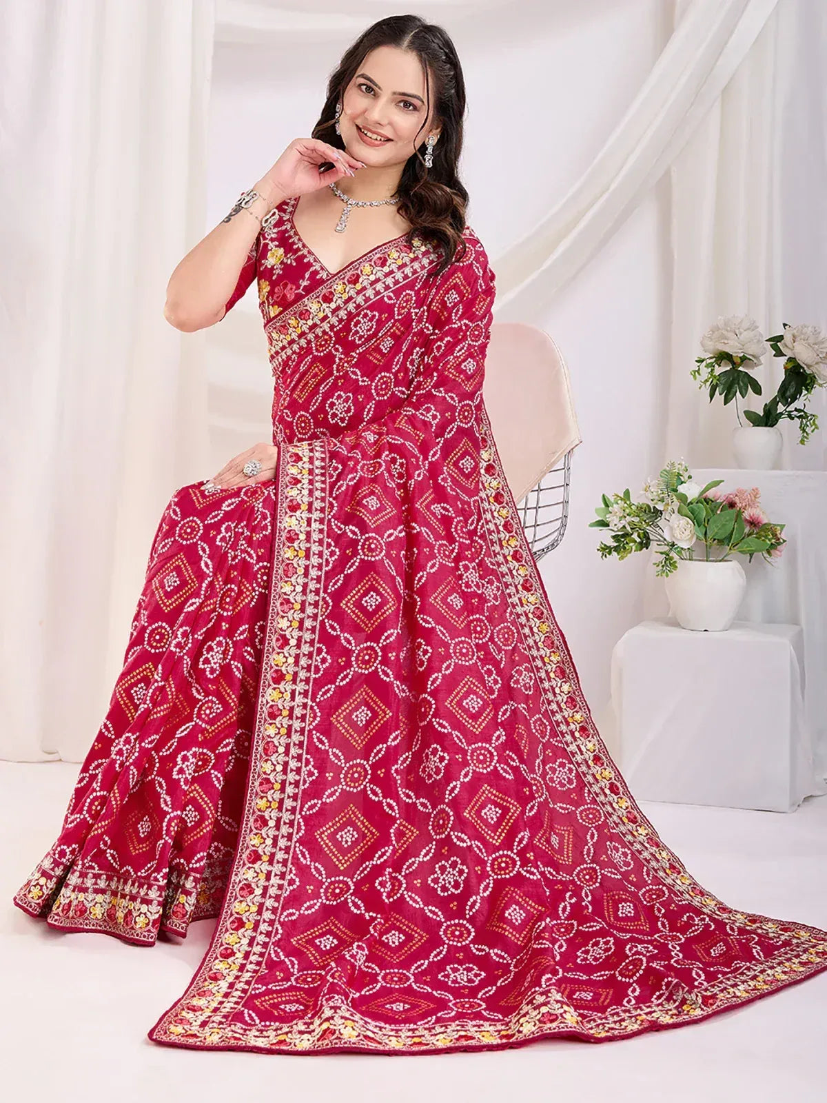 Red embroidered lehenga choli with floral and geometric patterns, perfect for Indian ethnic wear occasions