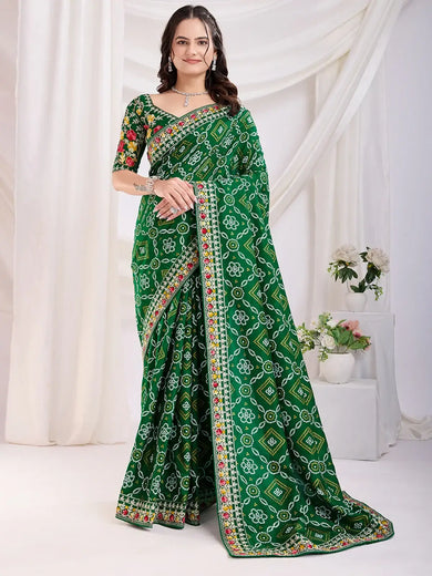 Excellent Green Bandhani Printed Silk Traditional Saree With Blouse