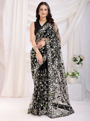 Marvelous Black Thread Embroidered Net Party Wear Saree With Blouse
