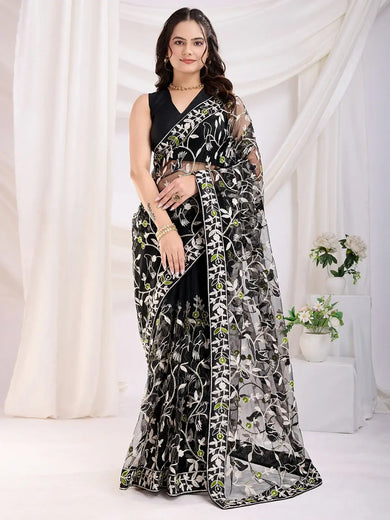 Marvelous Black Thread Embroidered Net Party Wear Saree With Blouse