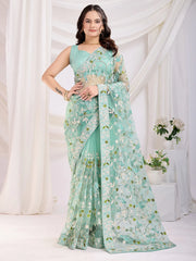 Attractive Sea Green Thread Embroidered Net Saree With Blouse