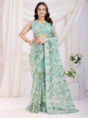 Attractive Sea Green Thread Embroidered Net Saree With Blouse