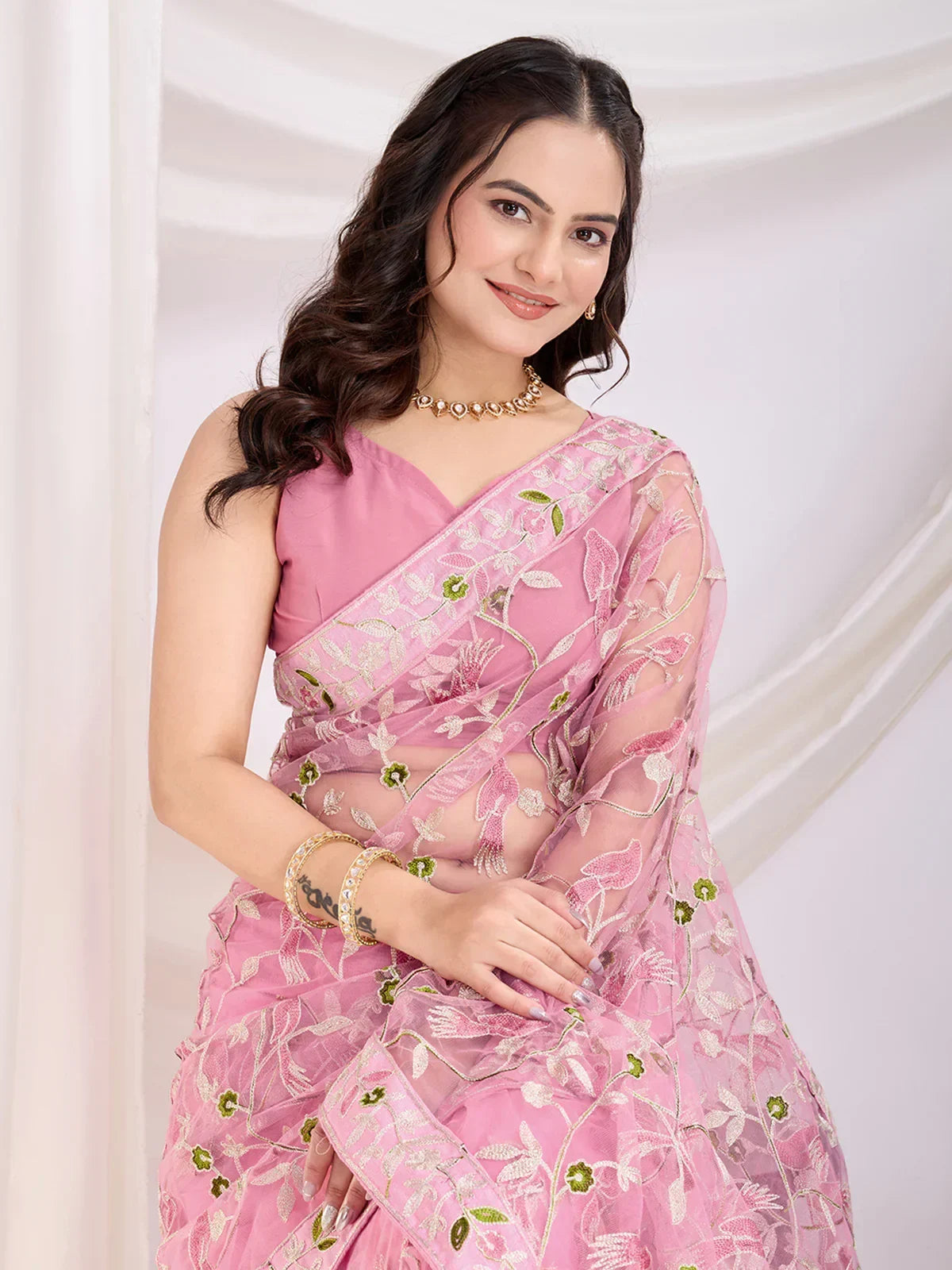 Stunning Pink Thread Embroidered Net Festival Wear Saree With Blouse