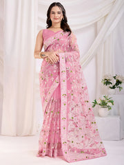 Stunning Pink Thread Embroidered Net Festival Wear Saree With Blouse