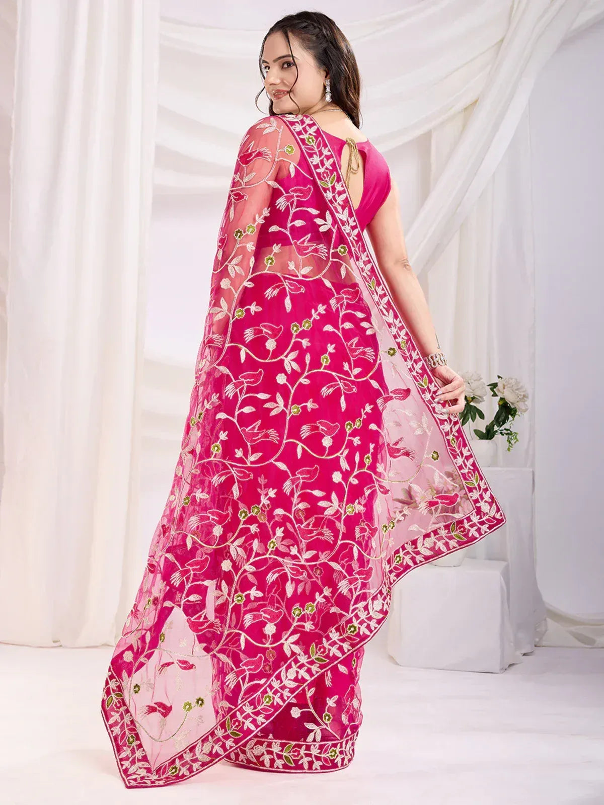 Pink embroidered saree with floral and bird motifs, sheer dupatta, ethnic wear for women