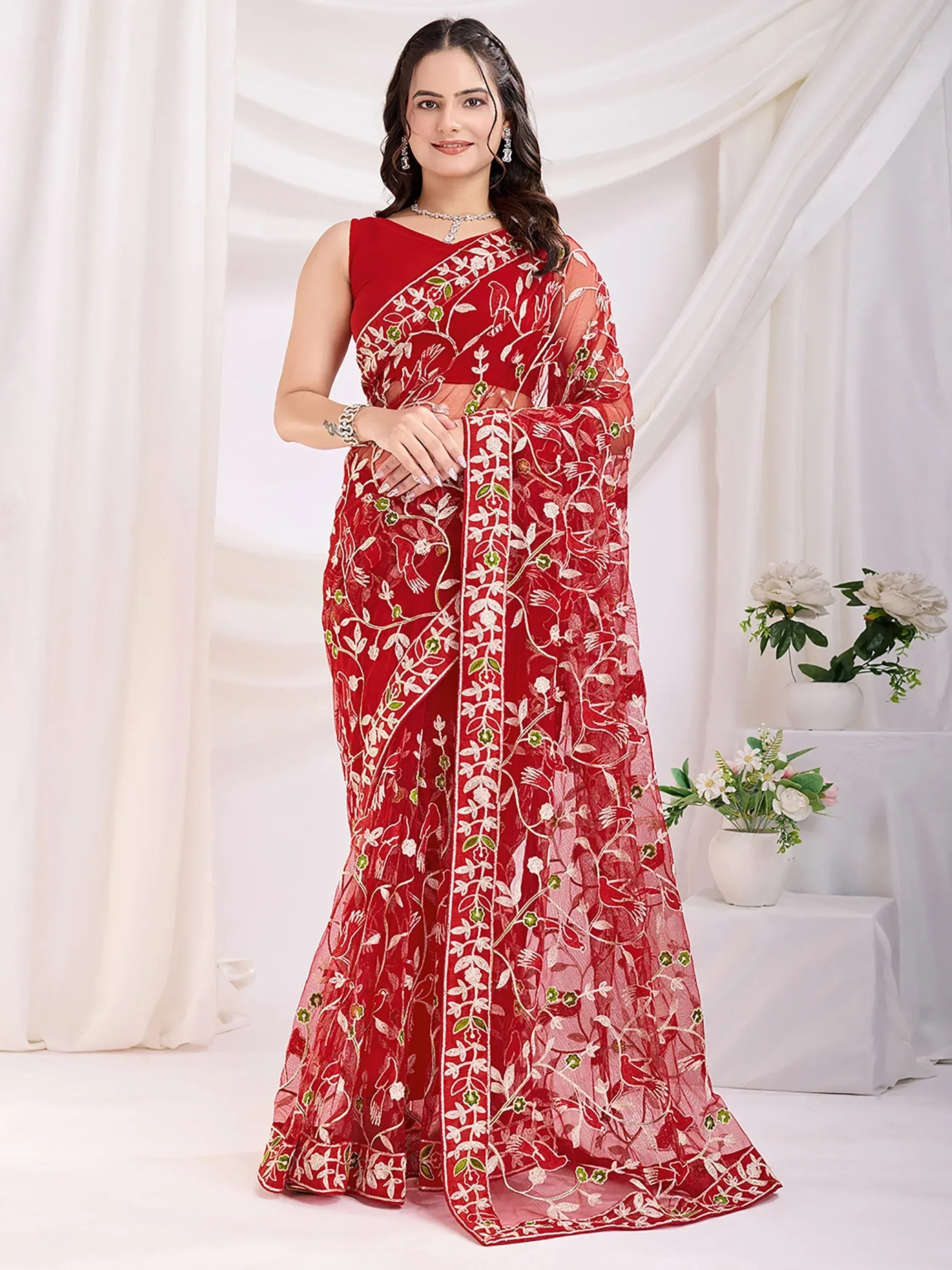 Red embroidered saree with floral design, Indian ethnic wear for women