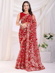 Glamorous Maroon Thread Embroidered Net Festival Wear Saree