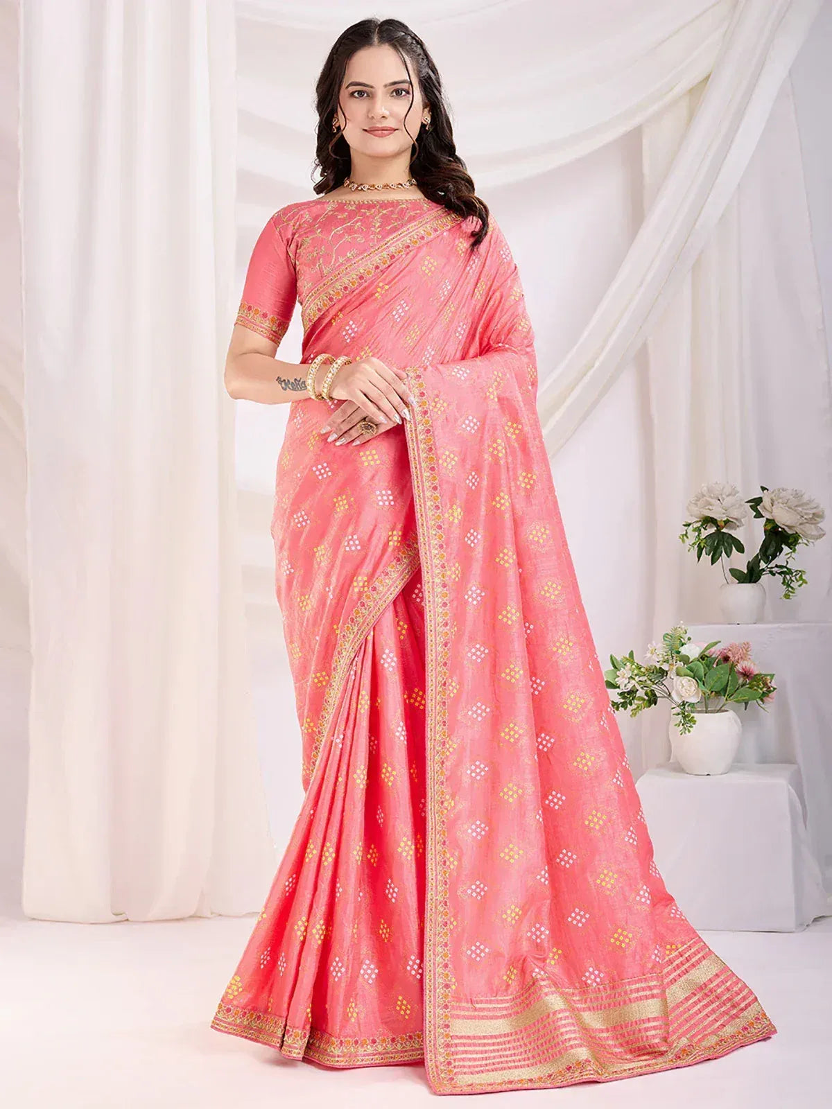 Pink embroidered saree with gold border, Indian ethnic wear for women