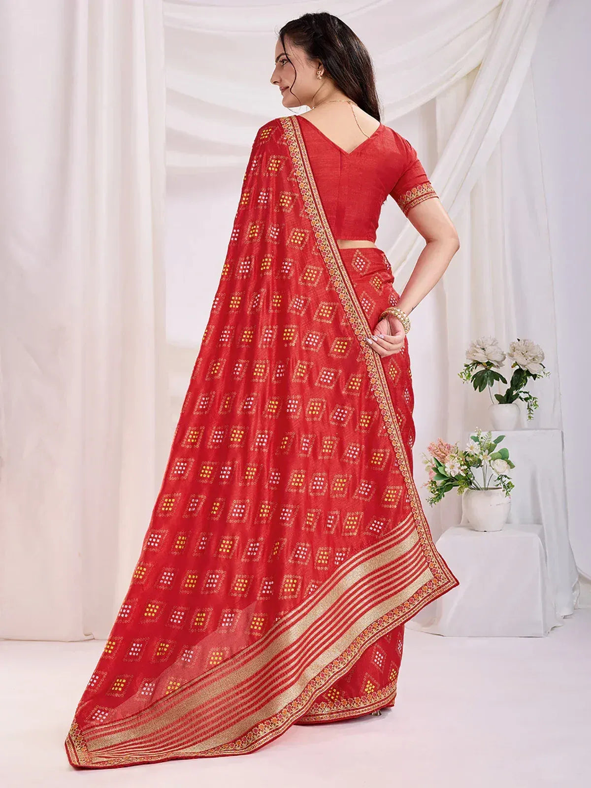 Red printed saree with gold border, ethnic Indian wear for women, stylish designer look
