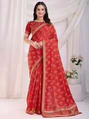 Incredible Red Bandhani Printed Silk Wedding Saree With Blouse