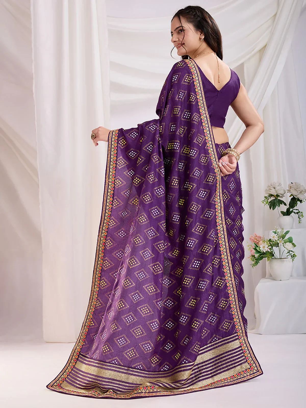 Stunning Purple Bandhani Printed Silk Traditional Saree With Blouse