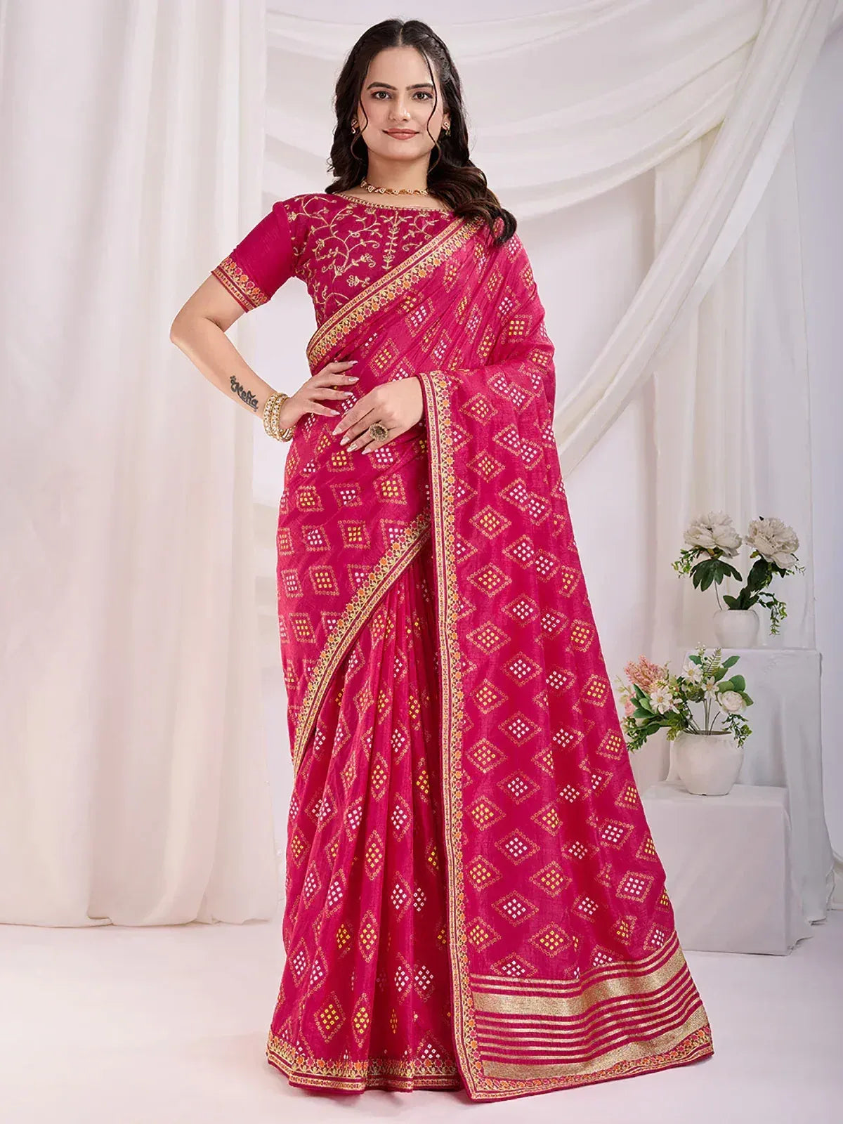 Pink embroidered saree with gold border, Indian ethnic wear for women