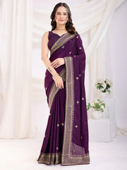 Lovely Violet Heavy Lace Border Work Chinon Saree With Blouse