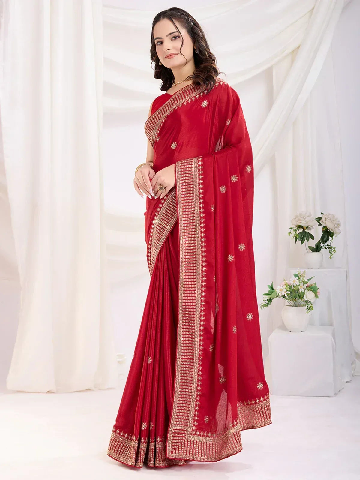 Red embroidered saree with gold border, Indian ethnic wear for women