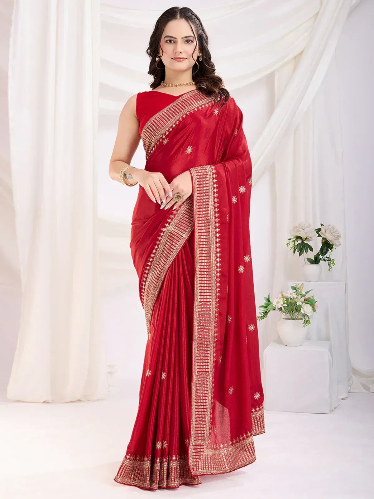 Red embroidered saree with gold border, Indian ethnic wear for women