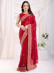 Adorable Red Heavy Border Work Chinon Wedding Saree With Blouse
